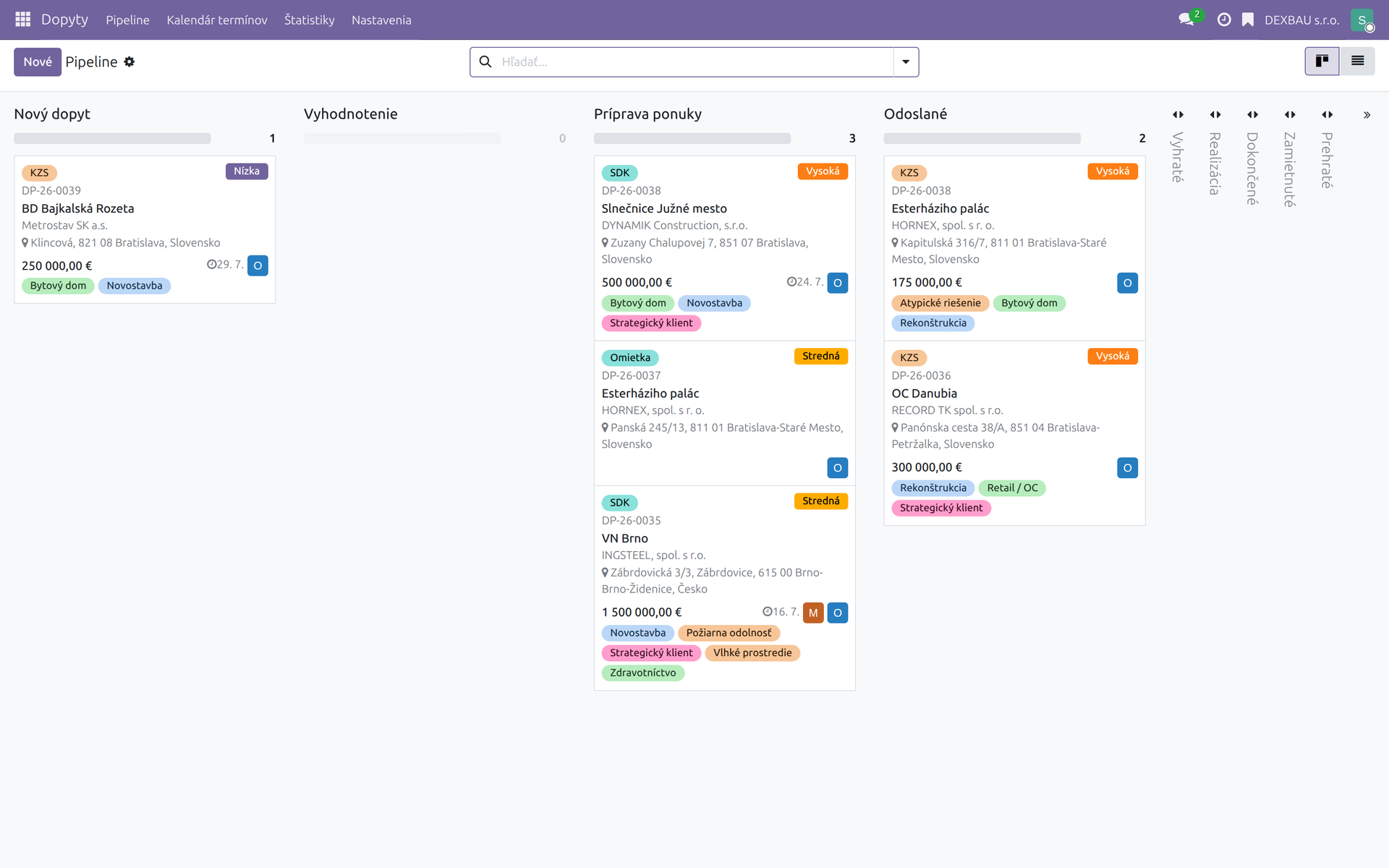 Dopyty – pipeline zákaziek (kanban podľa fázy)